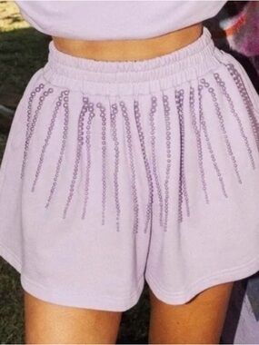 QUEEN OF SPARKLES Lilac Sequin Fringe Athletic Shorts